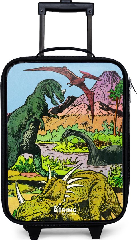 NoBoringSuitcases.com® - Kinderkoffer jongen - Kindertrolley meisje - Dino's bij een vulkaan - Koffer kind lichtgewicht - Reiskoffer trolley voor kinderen - Koffertje met lichtgevende wieltjes - Rolkoffer zwart