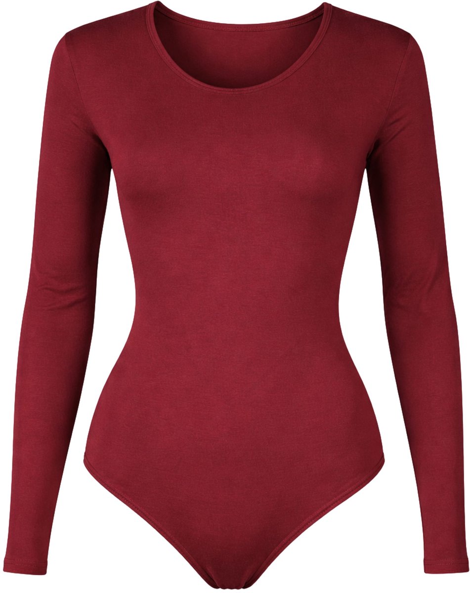 J&C Dames katoenen body met lange mouw DonkerRood - maat XL