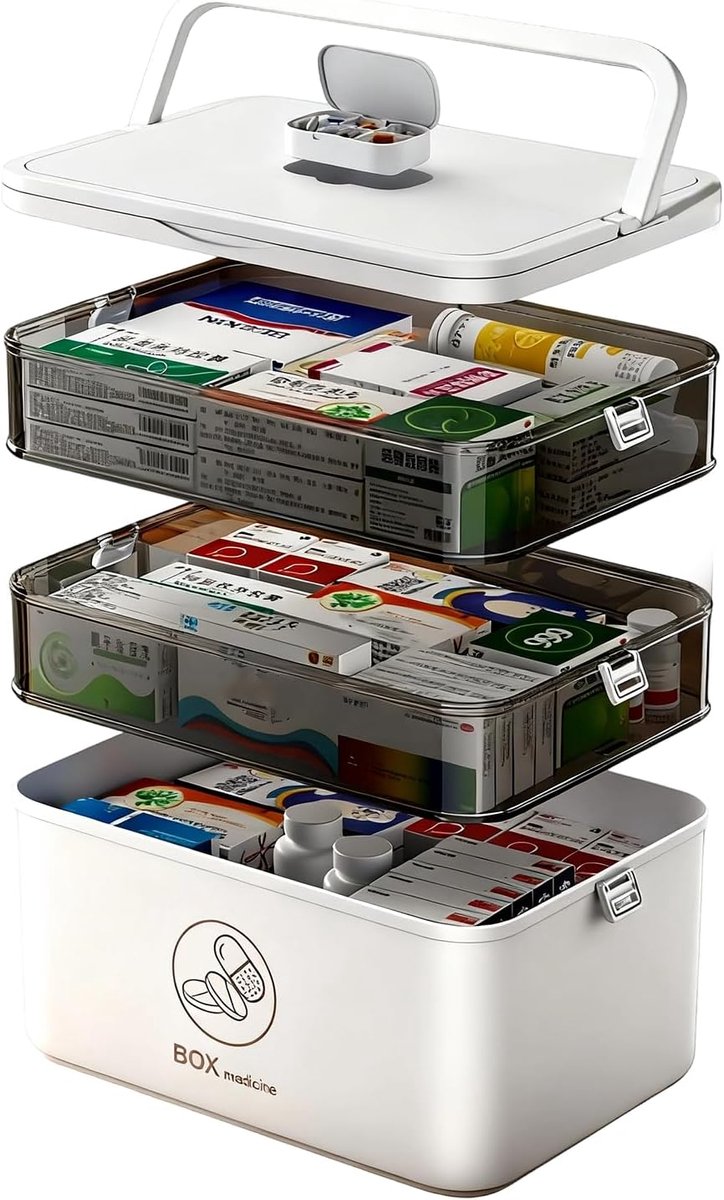 Medicijn Opbergdoos - EHBO Kit - Thuis Kantoor Reizen - 4 Lagen Draagbaar - 30x16.5x27.4 cm - Wit