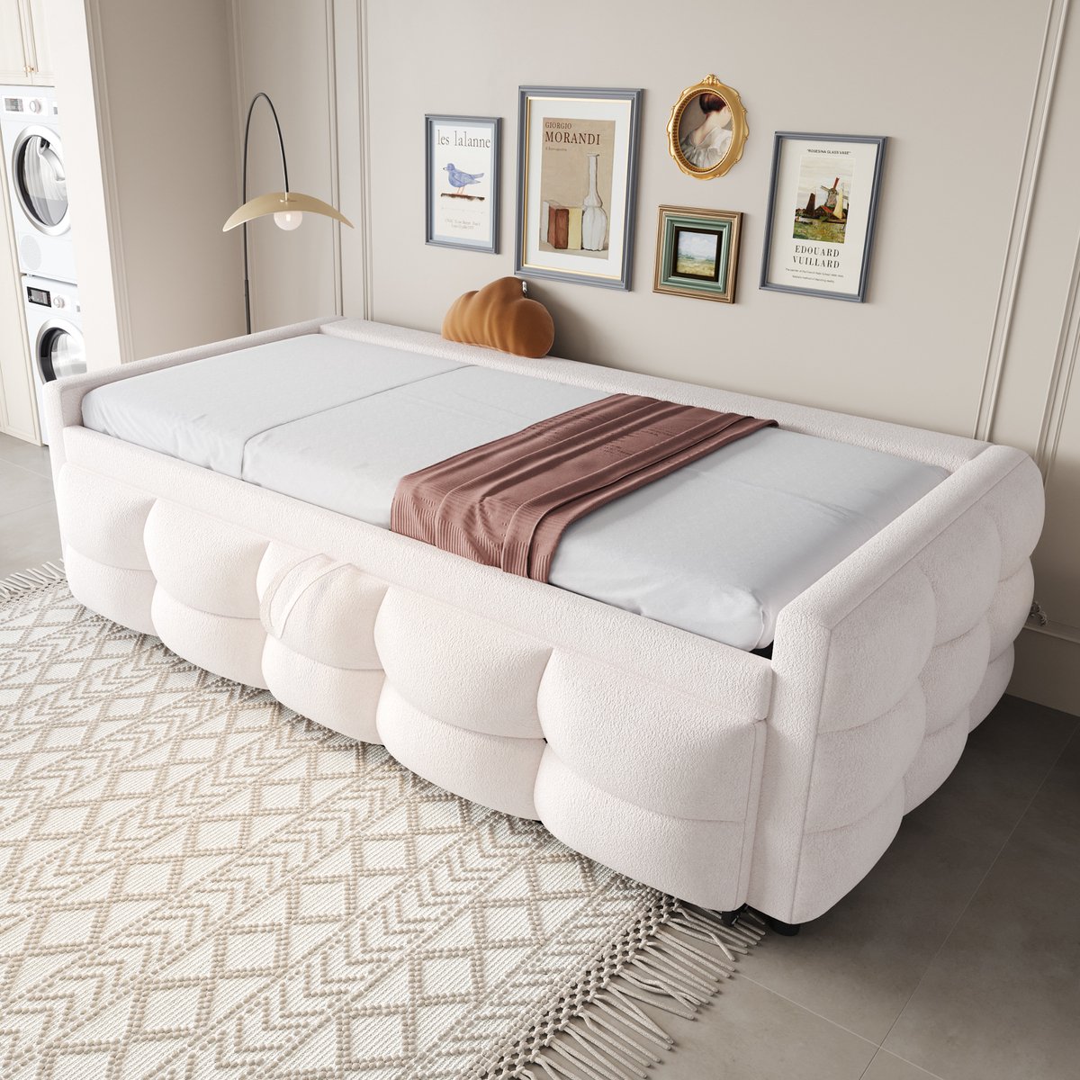 MODENUIT Gestoffeerd uitschuifbed 90/180x190 cm – Bedbank met lattenbodem – Uitschuifbaar – Zonder matras – Teddy stof – Beige
