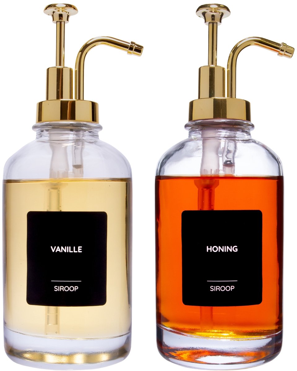 Siroopflessen - Set van 2 - Goud pompje - Zwarte labels - Koffie dispenser - 500ml