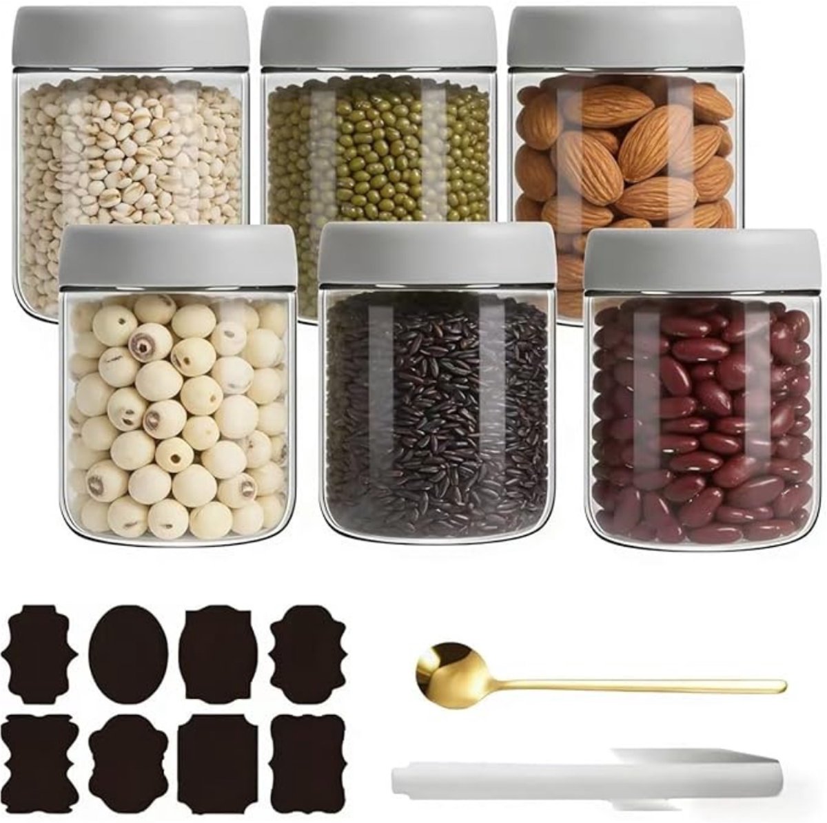 Verte Overnight Oats Potjes - Potjes voor Overnight Oats - Potjes voor Overnight Oats met Deksel - Maaltijdvoorbereiding - Herbruikbare Weckpotten voor Zelfgemaakte Jam - Mason-Potje met Lepel - Etiket - Grijs - 500 mL - 6 Stuks