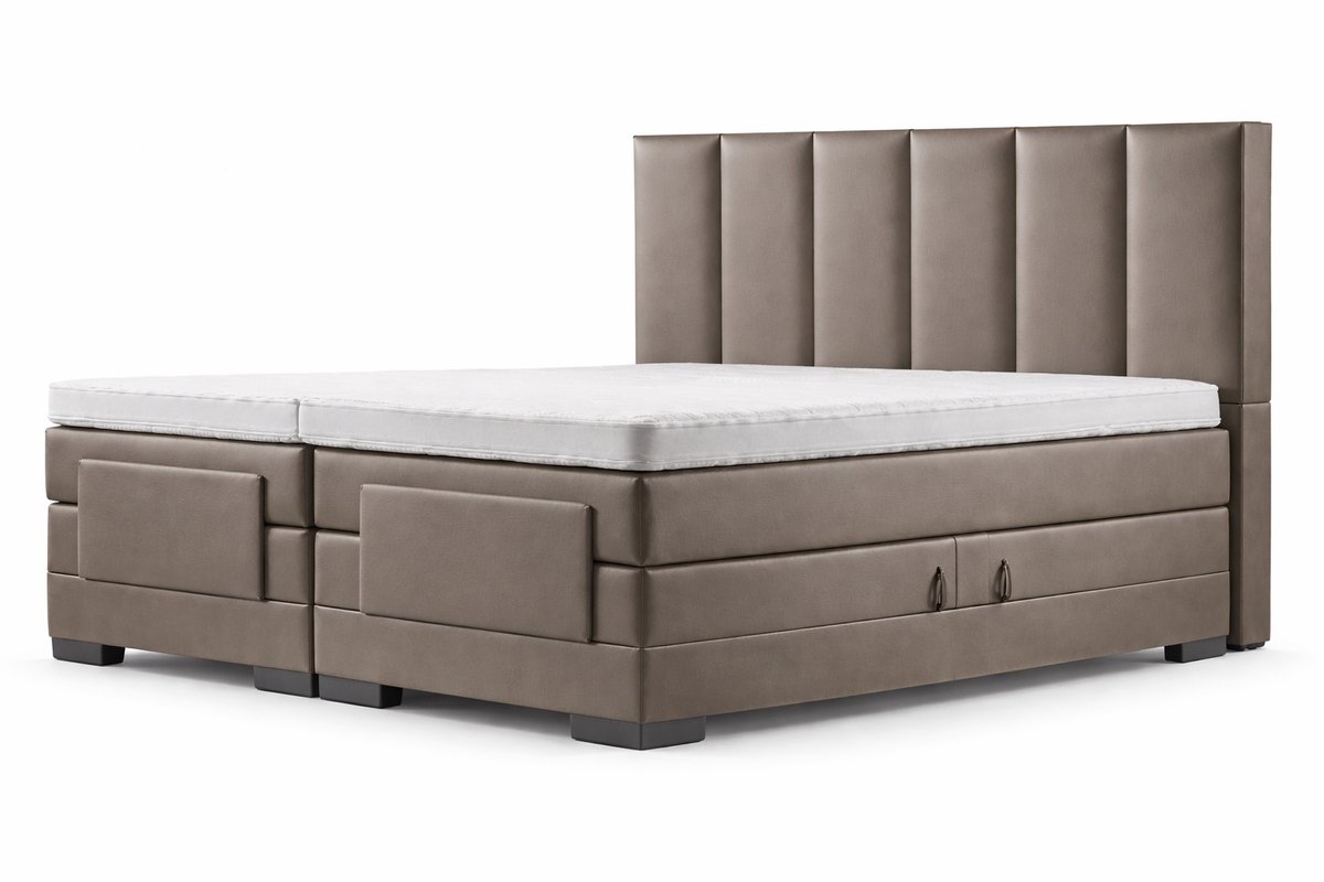 Elektrische Boxspring - 90x210 - Incl. verticaal hoofdbord - Taupe lederlook met plint