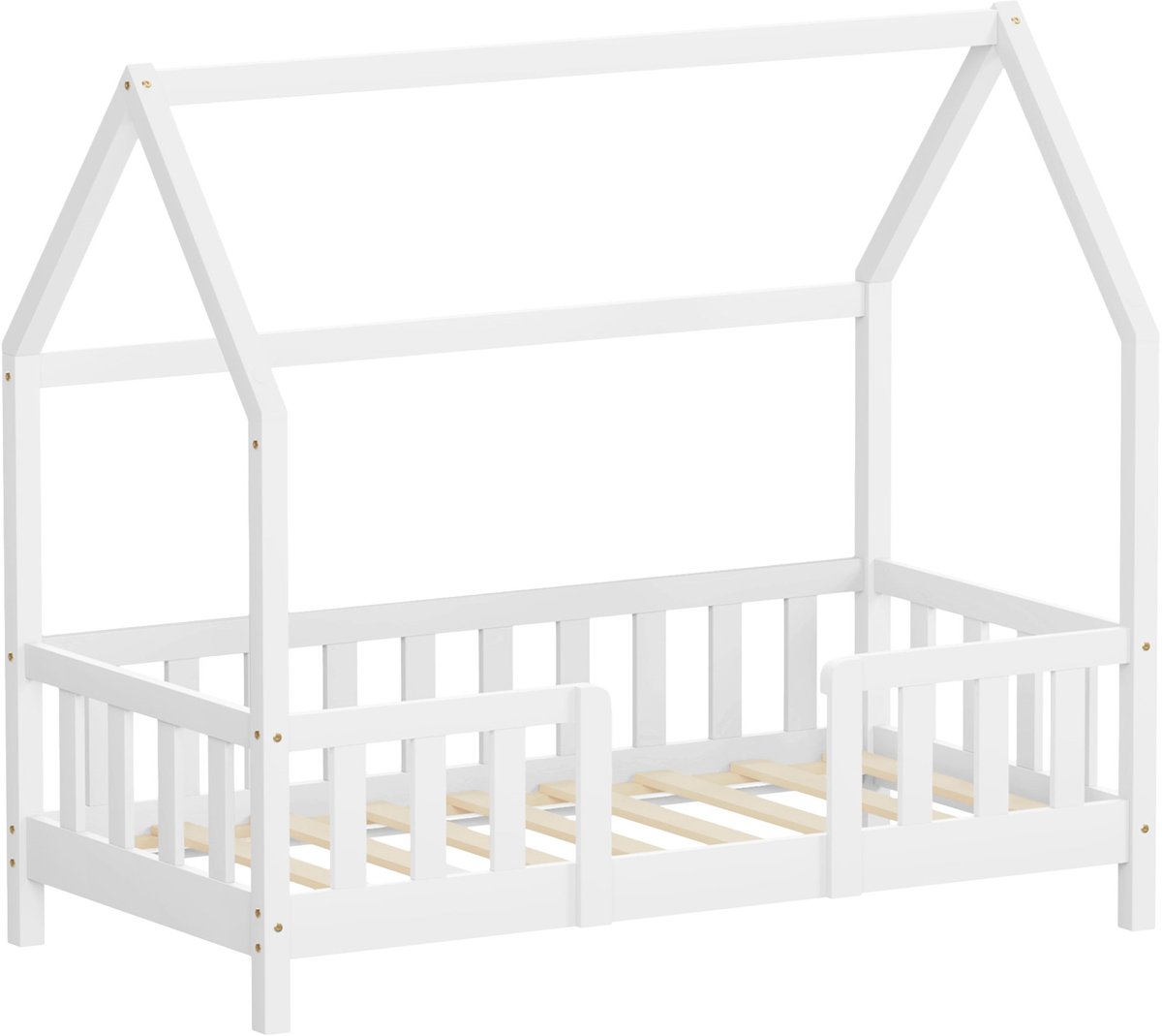 ml-design kinderbed montessori 70x140 cm met valbeveiliging houten huisbed voor meisjes en jongens massief grenenhout wit dak lattenbodem duurzaam jeugdbed peuterbed juniorbed veilig en laag kinderbed slaapplaats kinderkamer bedframe