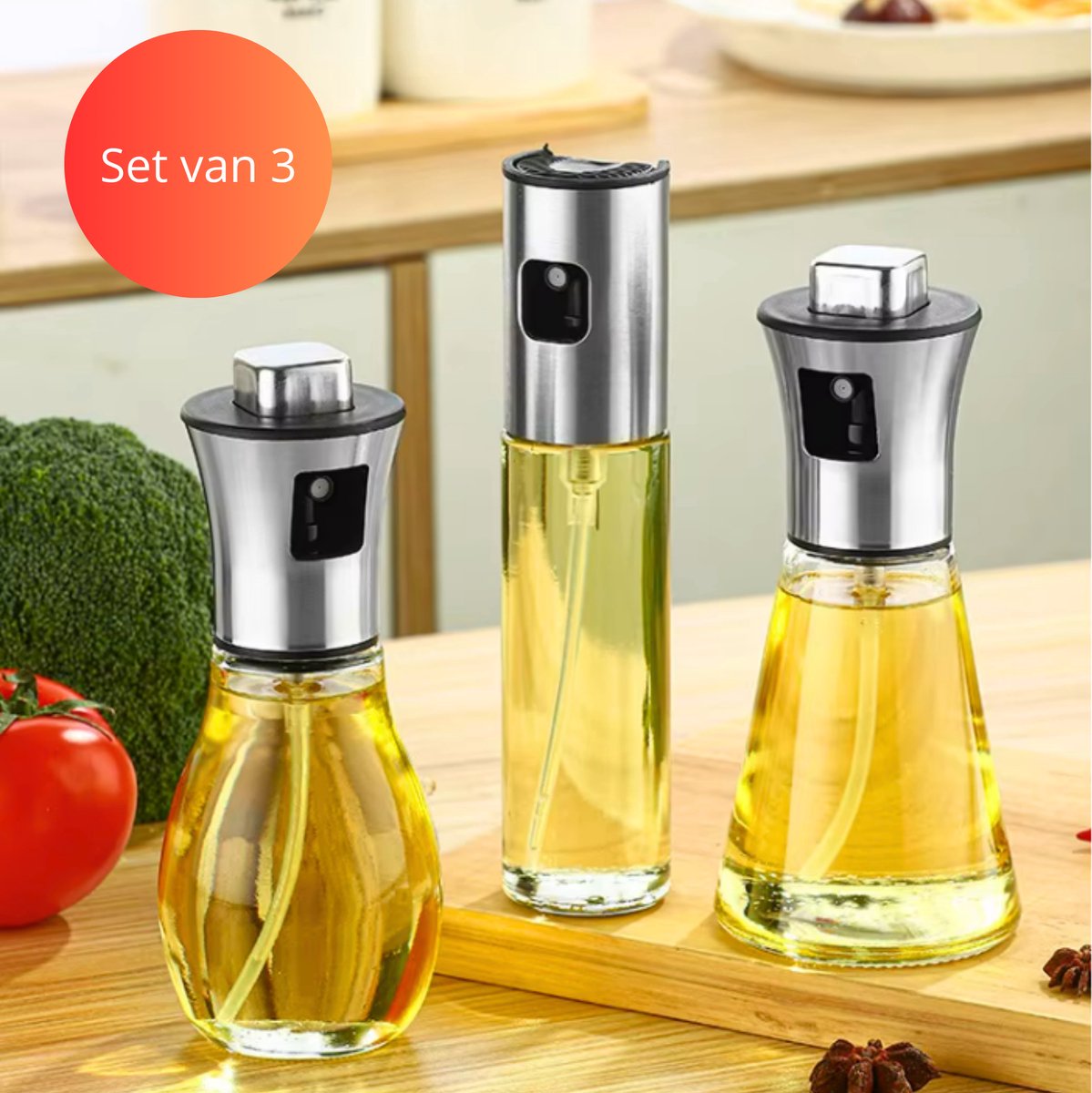Janse® Olie dispenser spray set van 3 - Oliefles metalen spraykop - Keukengerei - Barbecue olie dispenser chrome - Bakken - Cooking oil dispenser - Olie spuitfles - Keukenspray - Olie verstuiver