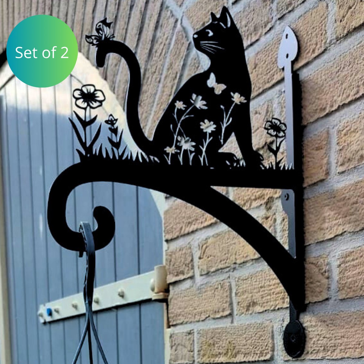 Janse® Plantenhaken XL poezen set van 2 - Metalen plantenhangers met kat - zwart - Bloempot haak - Voederhaak - Tuininrichting - Vogelvoeder haak- Plantenhanger - Lantaarn haken - Tuin accessoires - Poezen design - Plantenhaak