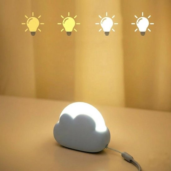 Een helder verlicht, blauw wolk-vormig nachtlampje met een USB-oplaadkabel.