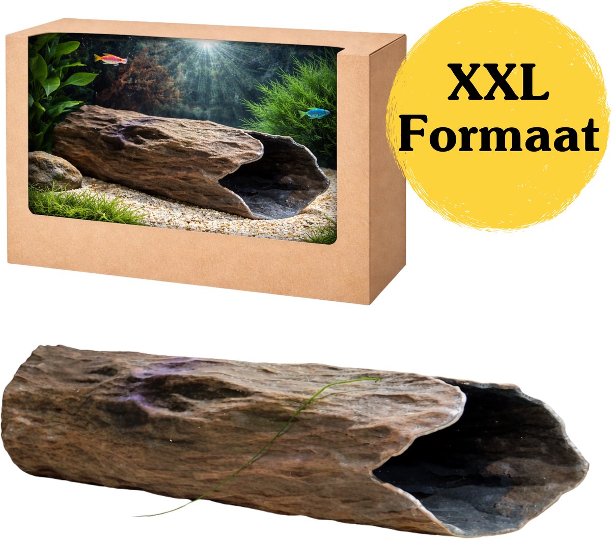 XXL Aquarium Decoratie Holle Boomstronk Grot (20,5 x 6 x 7 cm) – Houtlook Driftwood Cave met Enkele Ingang – Grote Vis Schuilplaats voor Aquarium, Garnalen & Reptielen – Natuurlijke Boomstam Aquarium Accessoires