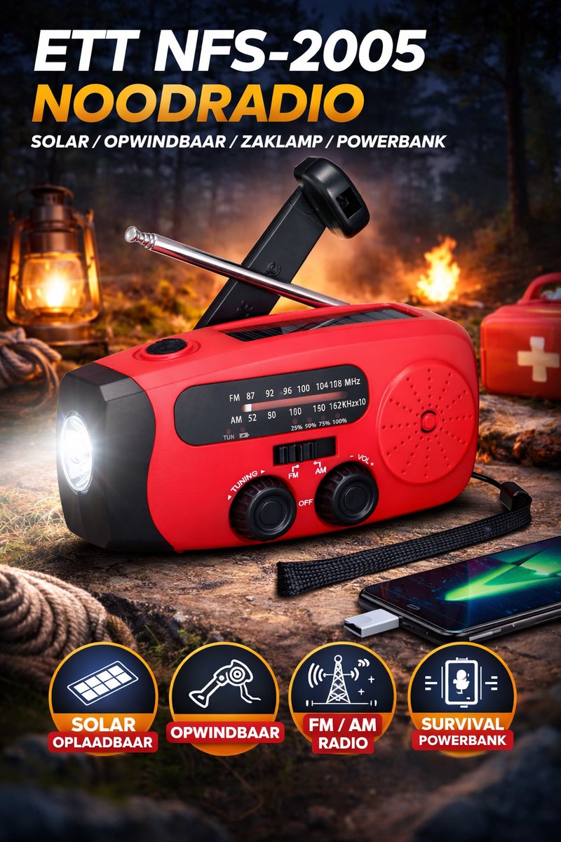 ETT "NFS-2005" Noodradio - Solar opwindbaar met zaklamp - FM/AM Radio - Survival powerbank - Rood