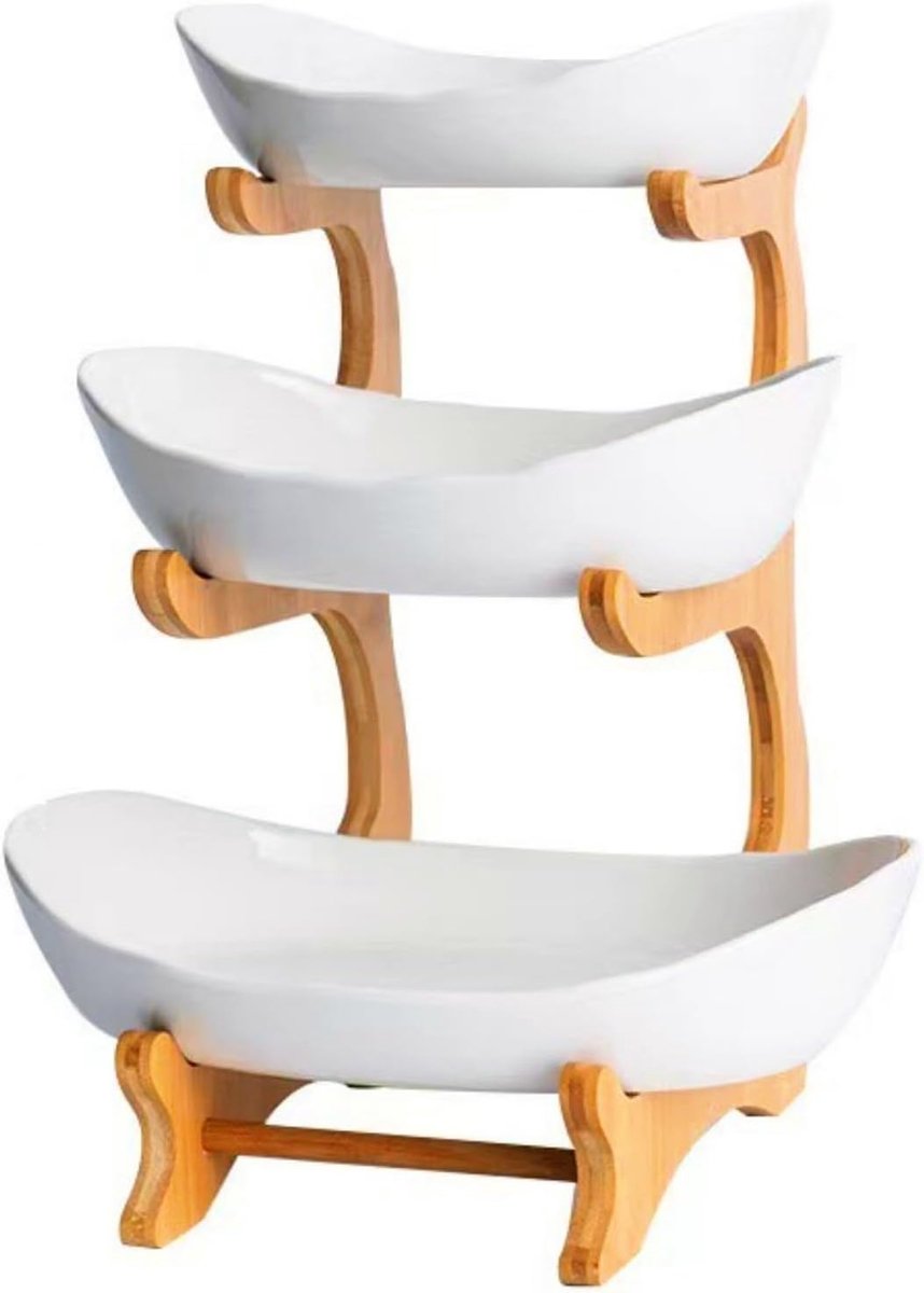 Fruitschaal - Fruit Etagère 3 Lagen - Plastic Fruitbak - Fruitsalade met Meerdere Verdiepingen - met Houten Standaard -voor Keukendecoratie - Groenten - Fruit - Snacks - 3 Niveaus