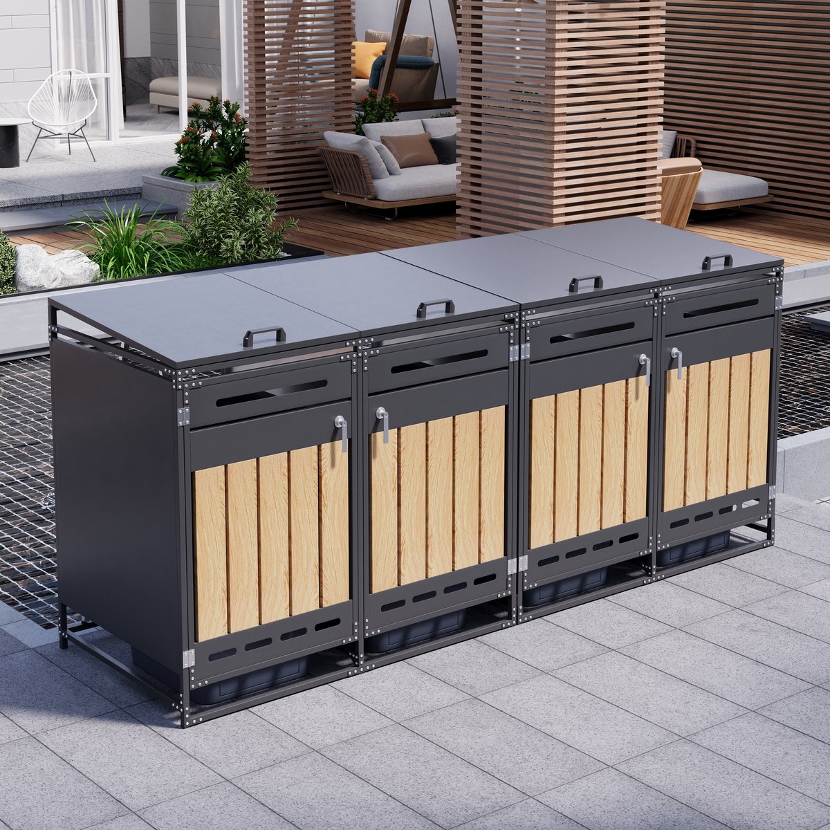 OKWISH Kliko-ombouw Hydraulisch Deksel – 4 Vakken – IJzer – Zwart – Afsluitbaar En Geventileerd Voor Buiten
