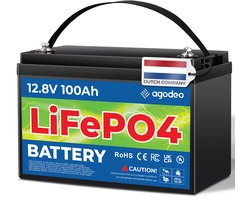 LiFePO4 Accu 12.8V 100Ah (1280Wh) – Ultralicht 10 kg – Tot 12.000 cycli – 100% DoD – BMS met lage-temperatuur cut-off – IP65 – Serie/Parallel (4S/4P) – Voor Camper, Boot & Zonne-energie