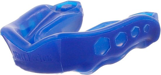 Blauwe Shock Doctor Gel Max mondbeschermer met 'SHOCK DOCTOR' tekst.