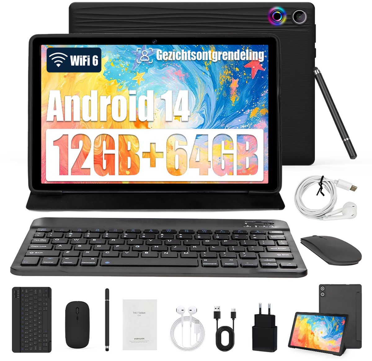 Kindertablet - Android 14 Tablet - 12GB(3+9) RAM - 64GB ROM - Snelle 10.1 Inch Kindertablet - Kinder Tablet - Met Toetsenbord, Muis, Oordopjes Pen & Bescherming