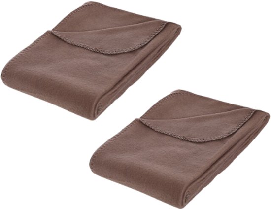 Set van twee bruine microvezel plaids, zacht fleece, 125 x 150 cm, gevouwen.