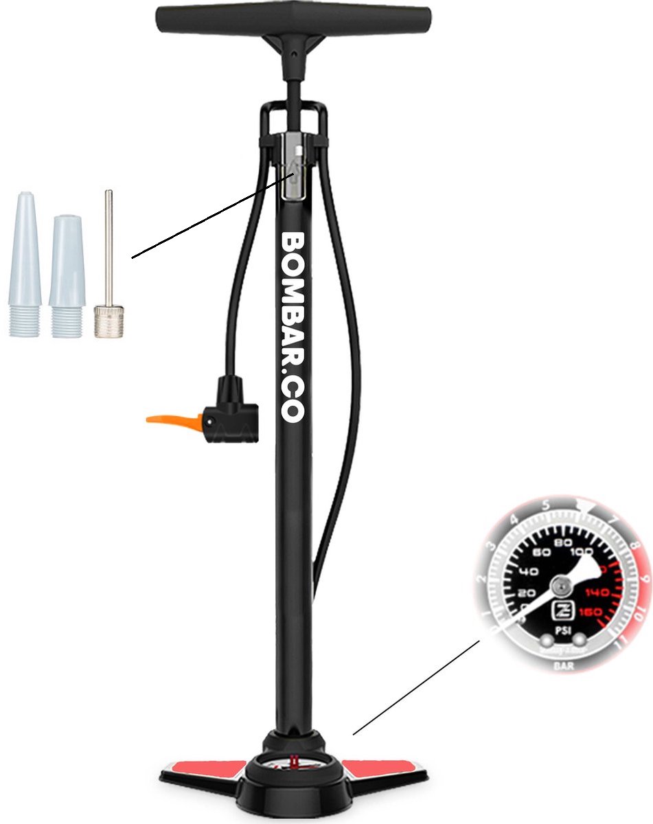 Bol.com BOMBAR – Fietspomp met 11Bar Drukmeter + Extra Ventielen – Multifunctioneel Mondstuk voor Presta & Schräder – 1kg. Alumi... aanbieding