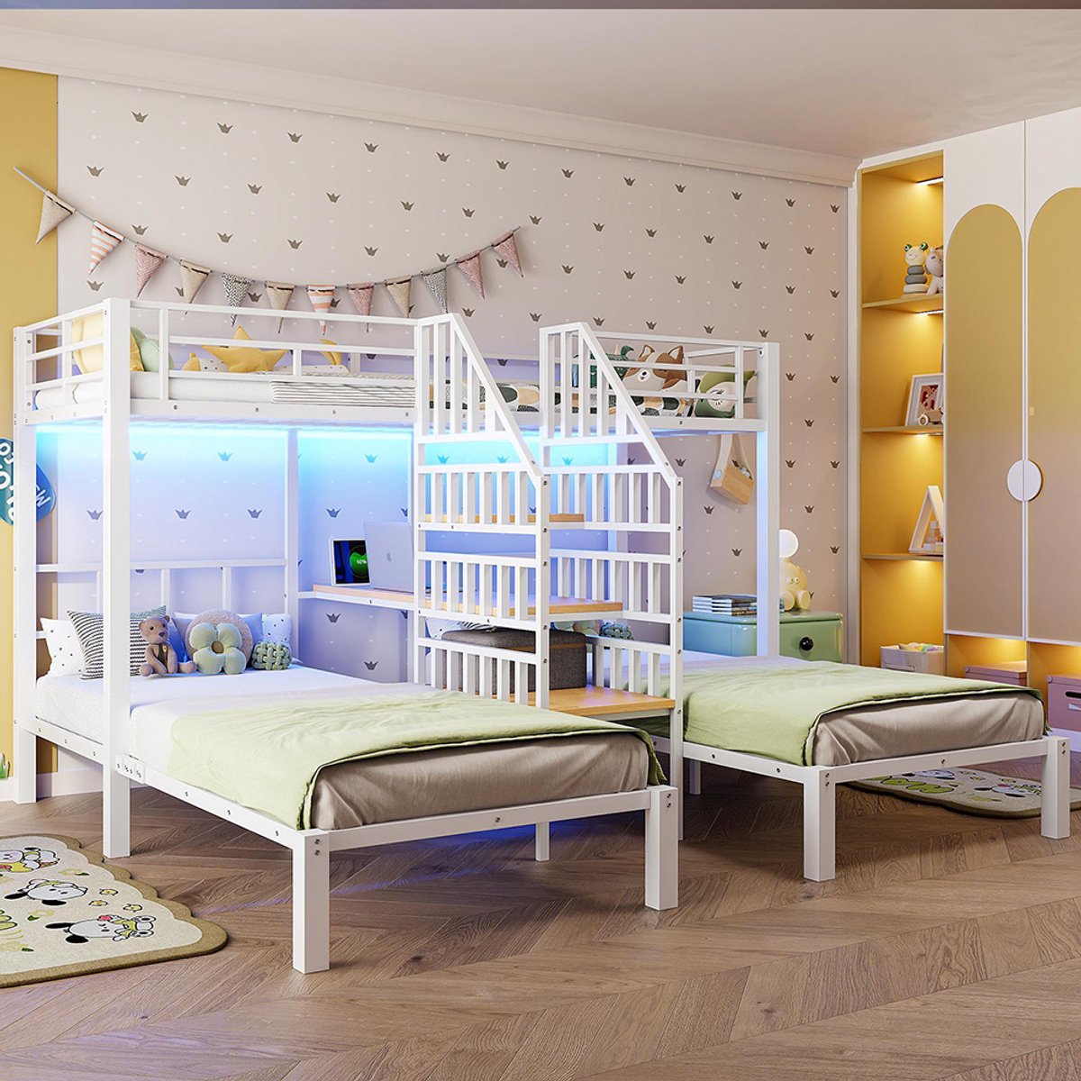 Komhtom Stapelbed, 90 x 200 cm, 3 slaapplaatsen, met LED-lichtstrip, geïntegreerde ladder met opbergruimte, met 2 USB-poorten + 1 stopcontact, met bureau, met plank, zonder matras, wit