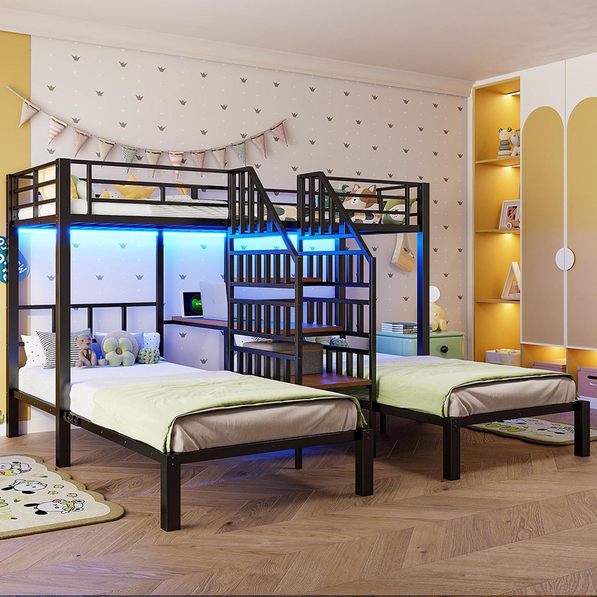 Komhtom Stapelbed, 90 x 200 cm, 3 slaapplaatsen, met LED-lichtstrip, geïntegreerde ladder met opbergruimte, met 2 USB-poorten + 1 stopcontact, met bureau, met plank, zonder matras, zwart