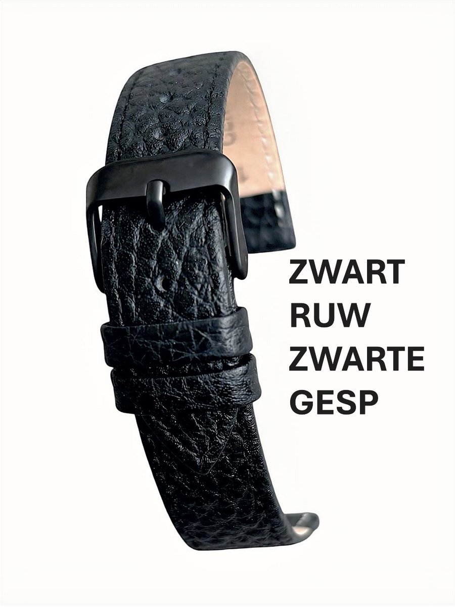 Horlogeband-horlogebandje-20mm-ruw echt leer-zacht-mat-soft-plat-zwart-zwarte gesp-leer-20 mm