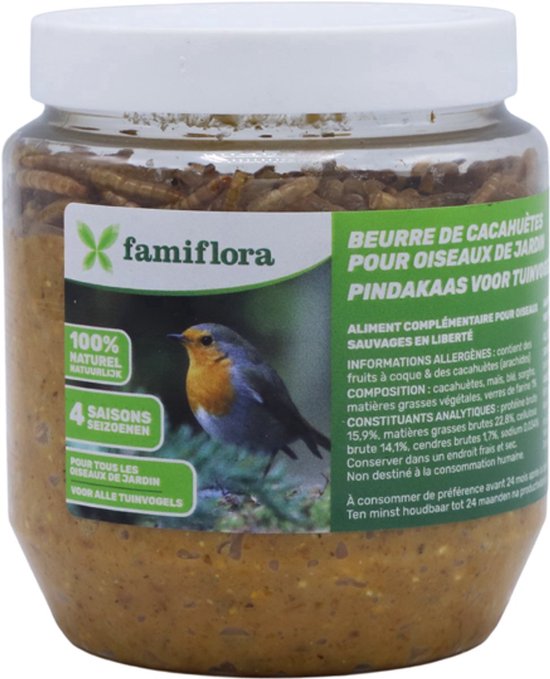 Famiflora vogelpindakaas met meelwormen, 100% natuurlijk, voor alle tuinvogels. Groene en witte verpakking met een roodborstje.