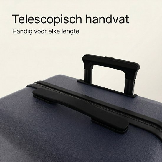 Detail van de telescopische handgreep van een donkerblauwe koffer.