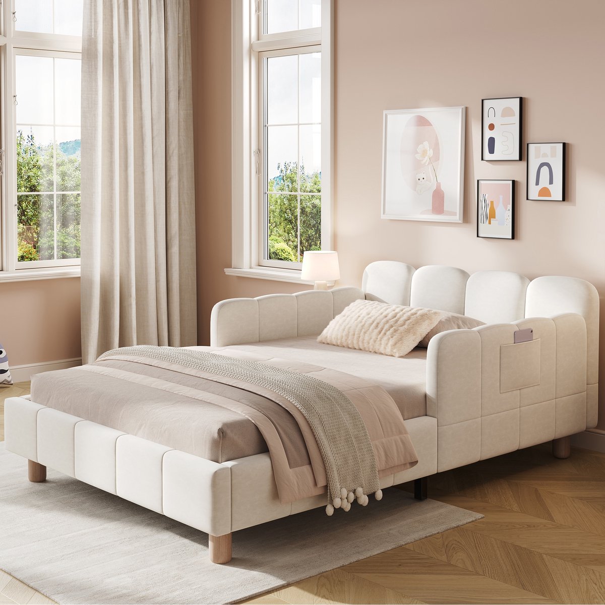 PHOEBE CAT Kinderbed - 90 x 200 cm - Gestoffeerd hoofdeinde - Valbeveiliging - Massief houten poten - Velvet - Beige