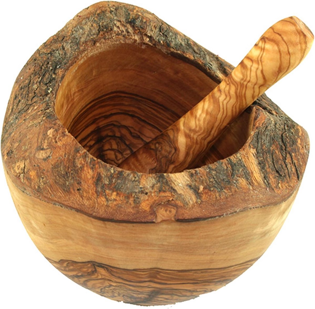 Vijzel Olijfhout - Mortier en stamper - Kruiden malen - Rustieke uitstraling - 14 cm