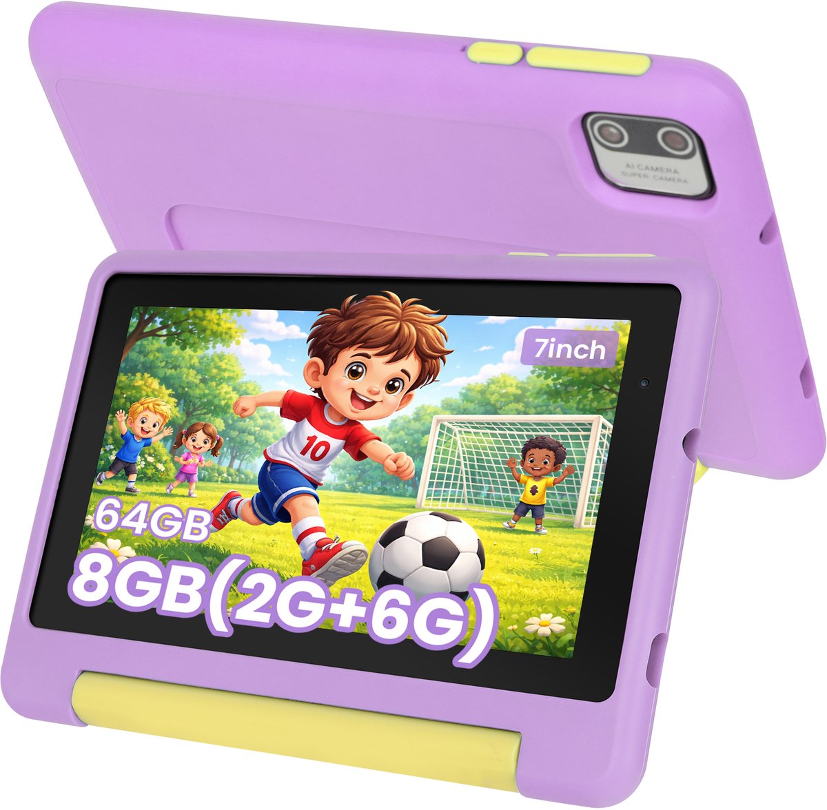 Hotlight Kindertablet 7 inch - 128GB (64GB+64GB) + 8GB RAM - Inclusief Beschermhoes en 64GB SD-kaart - Ouderlijk Toezicht & Lange Batterijduur - Paars