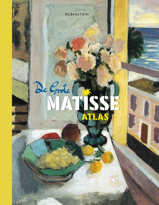 Boek 'De Grote Matisse Atlas' met een schilderij van bloemen en fruit op tafel.