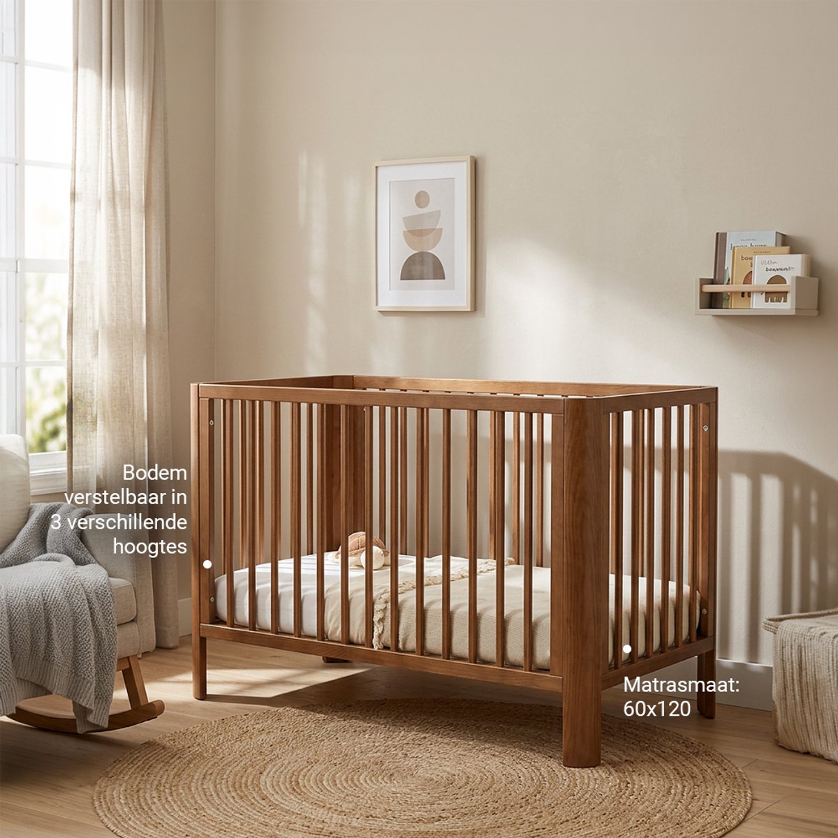 Novi at Home Philou Ledikant - Baby Bed 60x120 cm - verstelbaar bodem - Walnut – foto 2