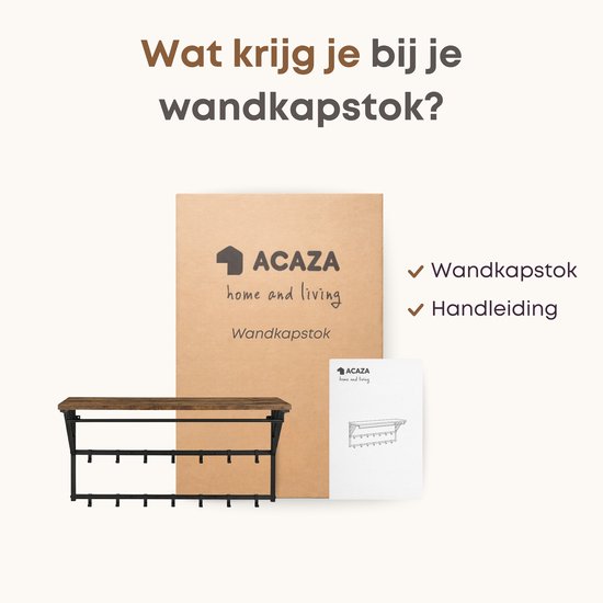 Inhoud van de doos: ACAZA wandkapstok met plank, kledingroede en 14 haken, en een handleiding.