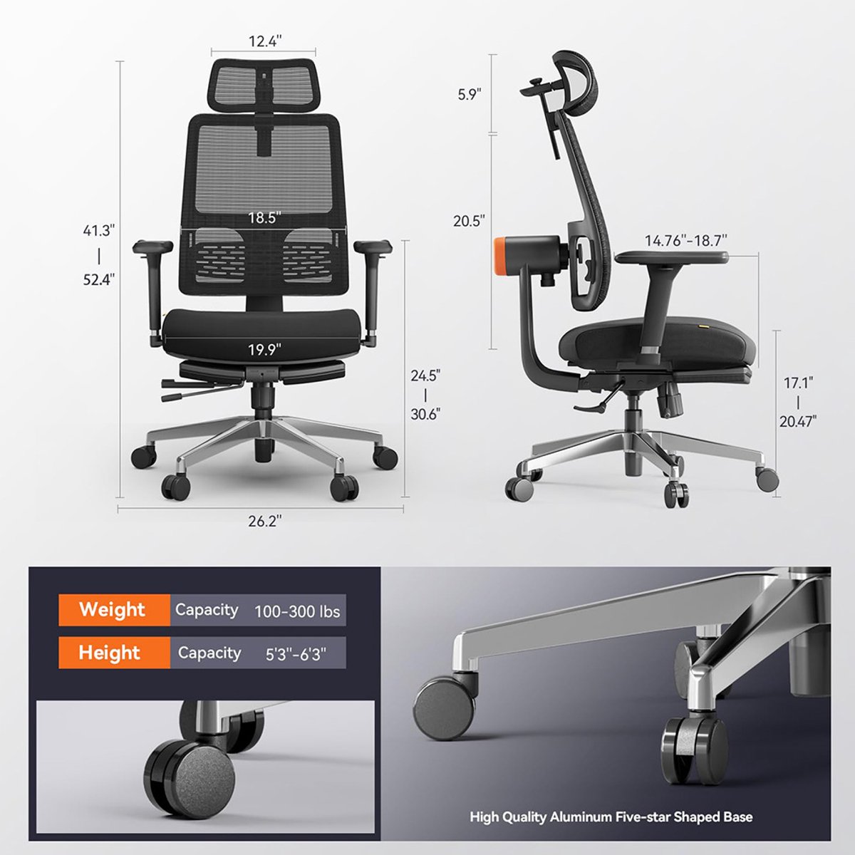Ergonomische Stoel - Voetensteun - Adaptieve Onderrugondersteuning - Hoofdsteun