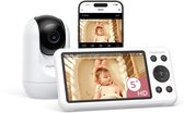 Babyfoon met camera, smartphone en ouderunit, allemaal met baby op het scherm.