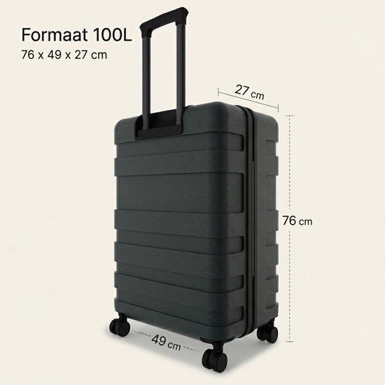 Donkergroene koffer van 100 liter (76x49x27 cm) met uitgeschoven handvat en afmetingen.
