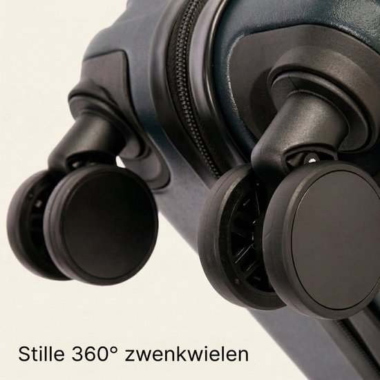 Detail van de stille 360 graden zwenkwielen van een donkergroene koffer.