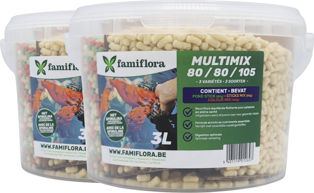 Famiflora Multimix Colstipo Vijvervoer - 2x 3L (265g) - Drijvende Mix met Spirulina - Voor Goudvissen & Koi - Kleurversterkend - Drijvend vijvervoer - Mix van 3 formules: pond stock, sticks & colour