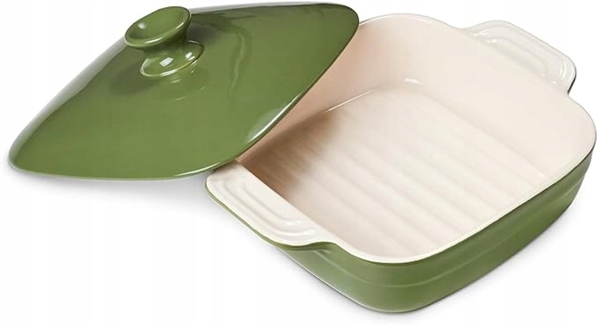 DOWAN Keramieken Ovenschaal - Met deksel - 1579ml - Rechthoekig - Met handgrepen - Groen