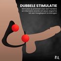 Diagram van prostaatstimulator op penis, met rode bollen die prostaat en glans aangeven. 'Dubbele stimulatie'.