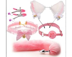 Oneay BDSM Speelgoedset – Anaalplug met Vossenstaart, Halsband, Tepelklemmen & Kattenoortjes & Gags– Rollenspel Set voor Beginners (Vrouwen) - Roze
