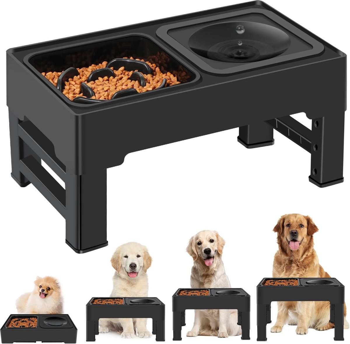 Verhoogde voerbak - Honden voerstation - Comfortabel eten - 4 Hoogtes verstelbaar - 44x26x10 cm - Zwart