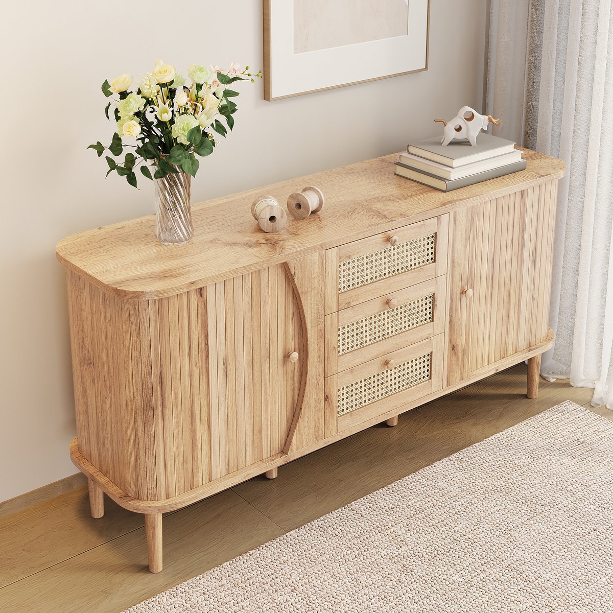 MODENUIT Dressoir - Rotan Laden en Schuifdeuren - Voor Woonkamer en Hal - Spaanplaat Naturel - 140,5x40x76 Cm
