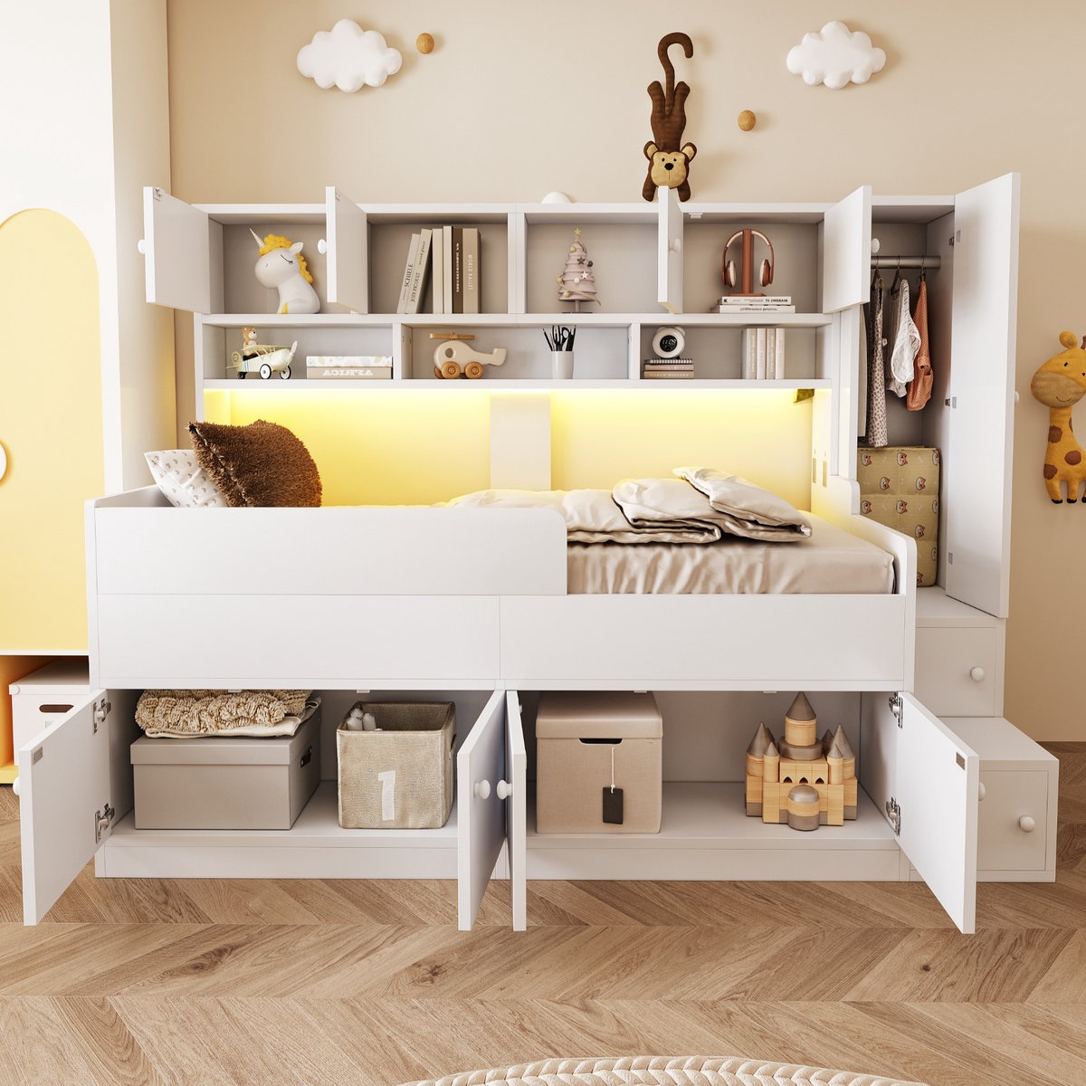 Merax Kinderbed 90 × 200 cm - met opbergruimte - planken - kast en klimladder - met LED-verlichting - wit - zonder matras