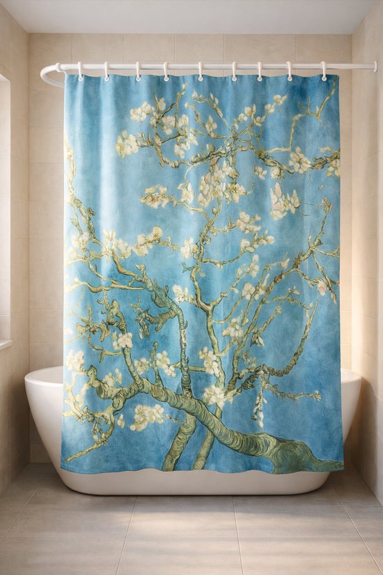 3BMT® Douchegordijn Anti Schimmel - Amandelbloesem Van Gogh Blauw - Natuur & Bloemen - Douche Gordijn 180X200 cm - Shower Curtain - Douche Gordijnringen