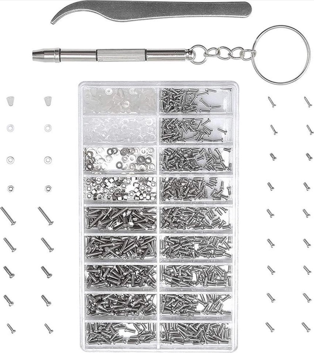 Schroeven set - Micro / mini schroefjes - Reparatie kit bril / horloge / smartphone - 1000 stuks - Met schroevendraaier en pincet - RVS - Universeel - Modelbouw elektronica - Schroef vervangen - Jonyx