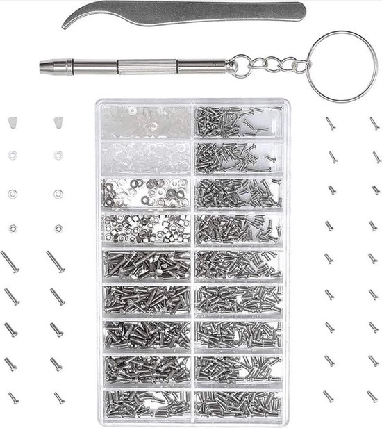Een brilreparatieset met een pincet, schroevendraaier, een plastic bakje met vele kleine schroefjes en ringetjes.