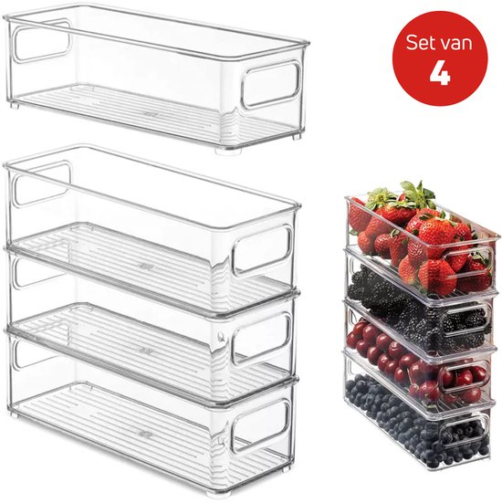 FINEW Koelkast-organizer, set van 8, stapelbare opbergdoos, klein koelkastdozen met handvat, doorzichtig reservoir voor keuken, kasten, vriezer