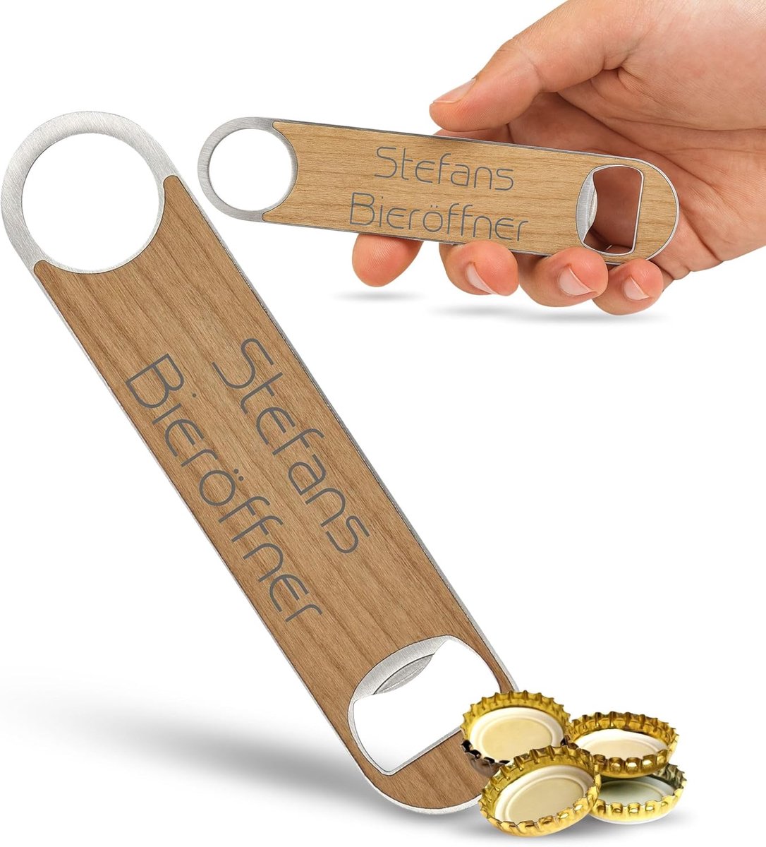 Flesopener met Gravure - Bieropener Persoonlijk - Barbenodigdheid Keuken - Roestvrij Staal Hout - Zilver Bruin