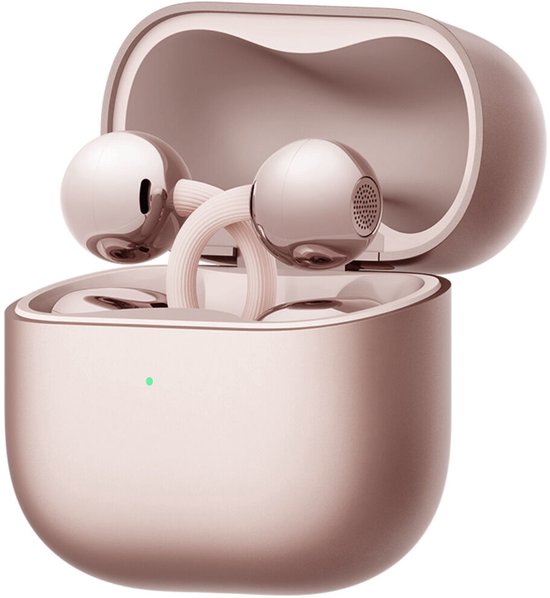 HUAWEI FreeClip 2 oordopjes in roségoud, in geopende oplaadcase.
