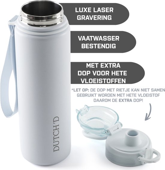 Witte, dubbelwandige thermosfles met deksel en blauwe lus. Logo 'DUTCH'D'. Extra dop voor warme dranken.