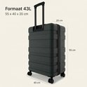 Formaat 43L: 55 x 40 x 20 cm. Donkergroene koffer met afmetingen.